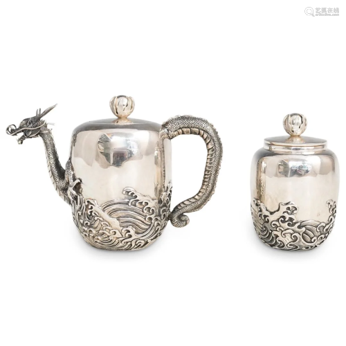 (2 Pc) Japanese Sanju Saku Silver Tea Kettle and Tea
