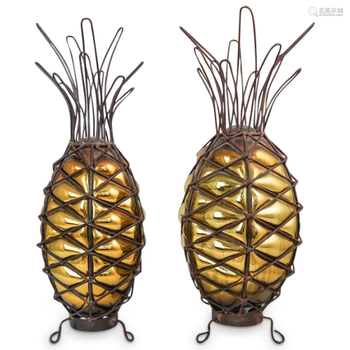 Antique Pair of Iron & Blown Glass Pineapples