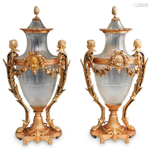 Pair of Baccarat Crystal and Gilt Bronze Urns