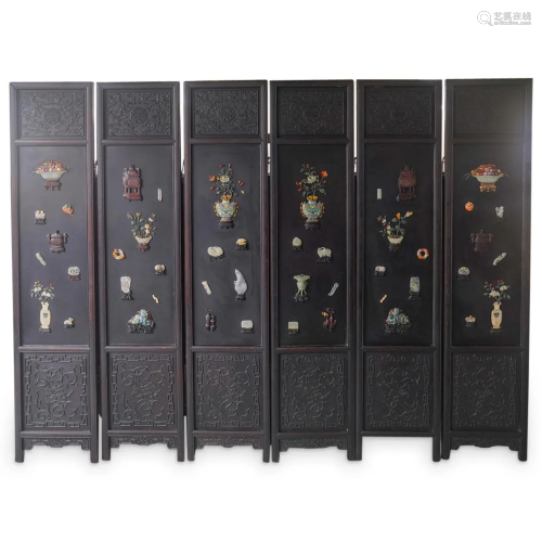 (6 Pc) Antique Chinese Hardstone and Lacquered Wood