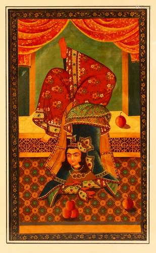 A LARGE PERSIAN PAINTING OF A FIGURE - the female figure wit...