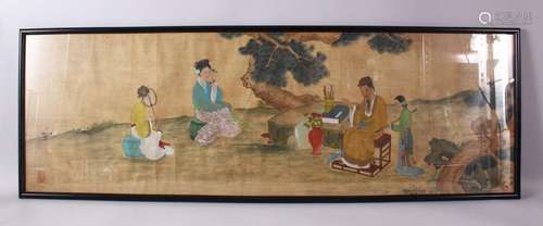 A CHINESE FRAMED LANDSCAPE PICTURE, of a scribe with figures...