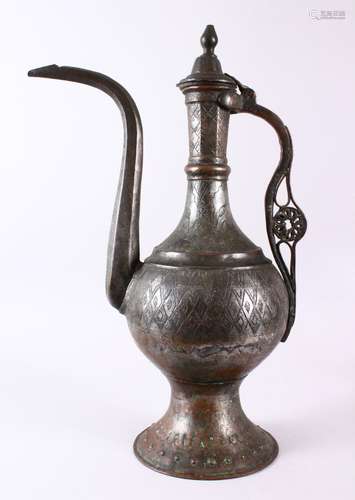 A LARGE 19TH ISRAEL TINNED COPPER EWER, with floral carved d...