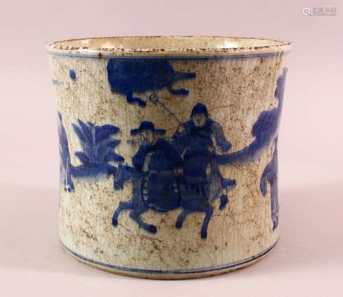 A CHINESE BLUE & WHITE CRACKLE GLAZED PORCELAIN BRUSH POT- d...