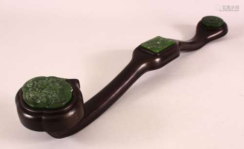 A CHINESE CARVED JADE & HARDWOOD RUYI SCEPTER - the carved w...