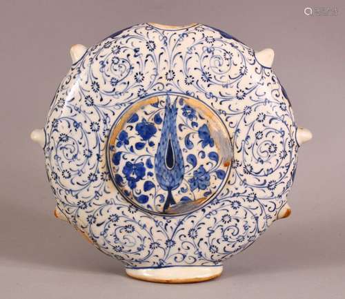 A GOOD TURKISH IZNIK POTTERY WATER FLASK - decorated with sc...