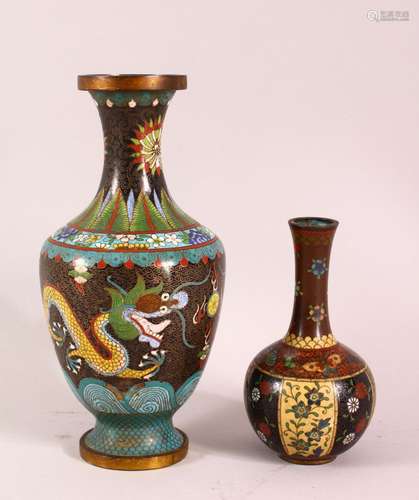 TWO CHINESE CLOISONNE VASES, one with dragons chasing pearls...