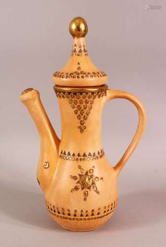 A TURKISH TOPHANE POTTERY COFFEE POT - with carved motif dec...