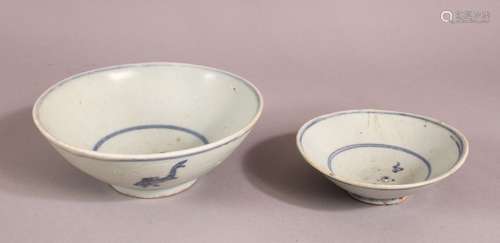 TWO CHINESE POSSIBLY MING BLUE & WHITE POTTERY BOWLS, one wi...