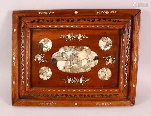 A CHINESE CARVED HARDWOOD INLAID TRAY/PANEL, inlaid with mot...