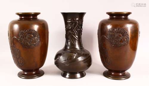 A PAIR OF JAPANESE MEIJI PERIOD BRONZE VASES, with relief ge...