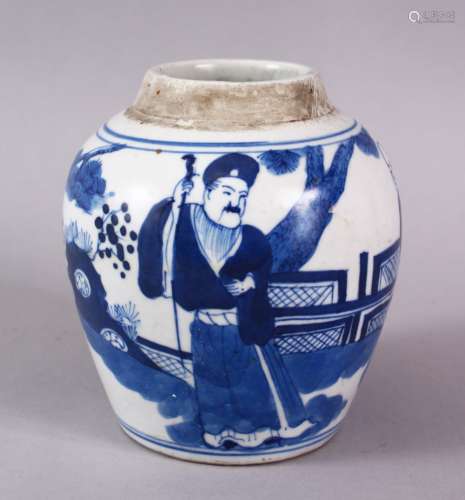 A CHINESE BLUE & WHITE PORCELAIN JAR , decorated with scenes...