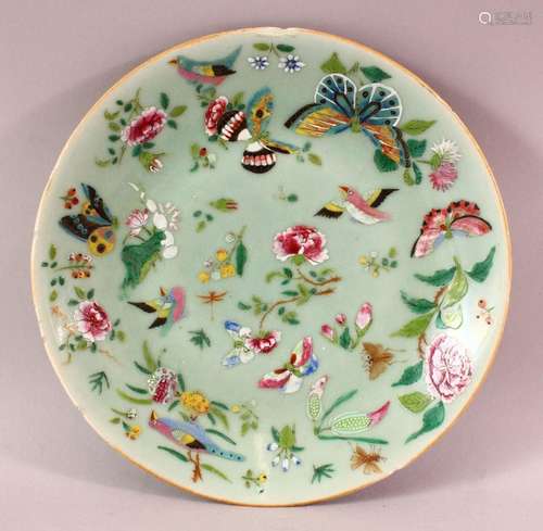 A 19TH CENTURY CHINESE CELADON FAMILLE ROSE PORCELAIN PLATE,...