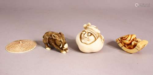 A CARVED IVORY NETSUKE DEPICTING A BOAR, along with another ...