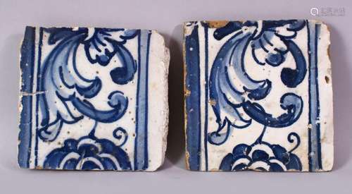 TWO 19TH CENTURY PERSIAN POTTERY TILES, painted in blue with...