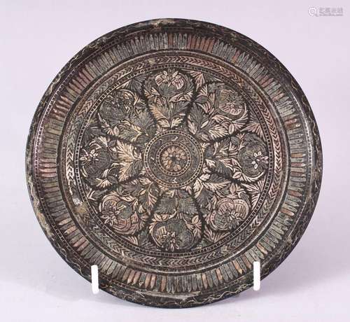 A 19TH CENTURY BIDRI CIRCULAR DISH, inlaid a radiating folia...