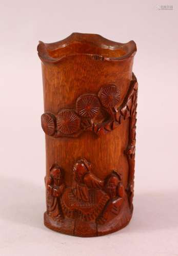 A CHINESE CARVED BAMBOO BRUSH WASH, carved with immortal and...