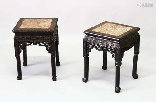 A PAIR OF CHINESE SQUARE FORM MARBLE INSET HARDWOOD STANDS, ...