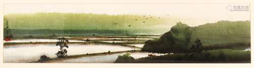 A CHINESE PAINTING OF A LANDSCAPE - the watercolour depictin...