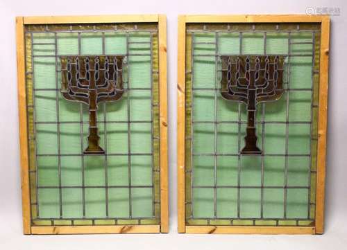 A PAIR OF JEWISH THEME STAIN GLASS WINDOWS - each with a cen...