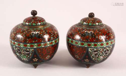 A PAIR OF CLOISONNE BULBOUS KOROS AND COVERS, the shouldered...