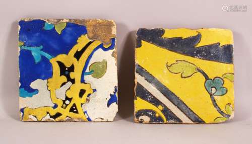 TWO ISLAMIC / PERSIAN POTTERY TILE SECTIONS - 21CM & 20CM