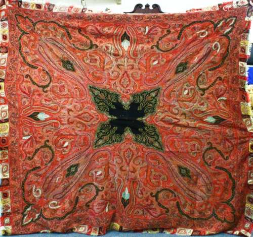 A GOOD LARGE INDIAN PAISLEY SHAWL, hand stitched with centra...