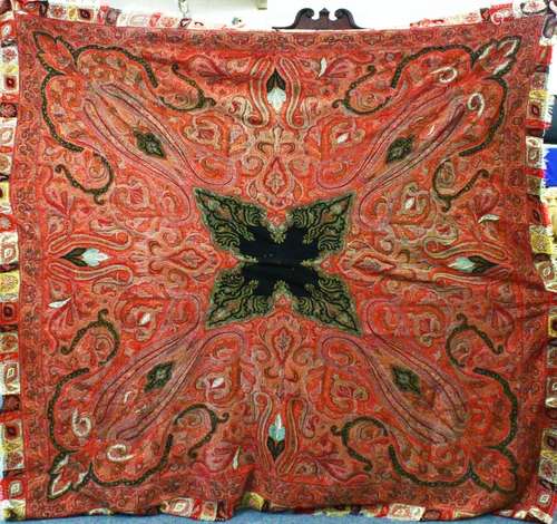 A GOOD LARGE INDIAN PAISLEY SHAWL, hand stitched with centra...