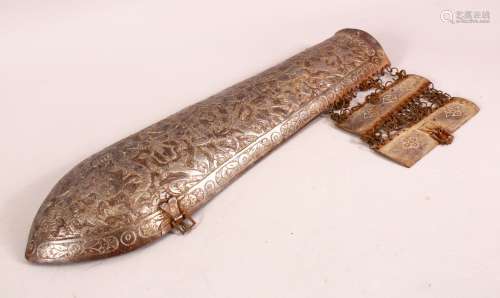 A 19TH CENTURY PERSIAN QAJAR STEEL ARM GUARD, 34cm long.