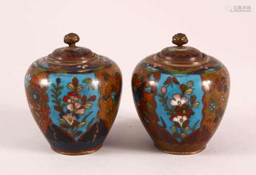 A SMALL PAIR OF CLOISONNE KORO AND COVERS, the bodies decora...