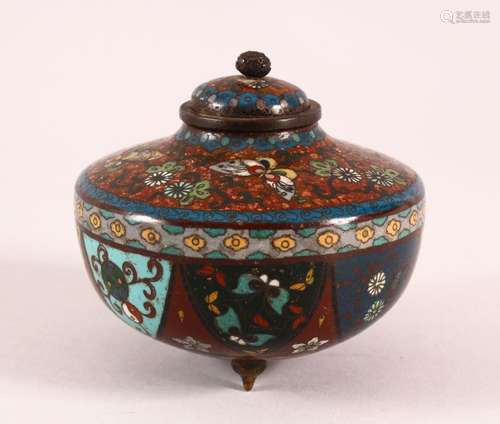 A CLOISONNE KORO AND COVER, decorated with butterflies, flow...