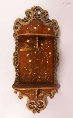 A CARVED WOOD & LACQUER CHINESE WALL SHELF UNIT, with twin f...
