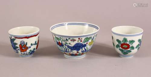 A SMALL GROUP OF MING STYLE DOUCAI CUPS, comprising one tea ...