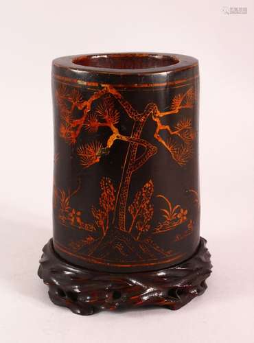 A CHINESE LACQUERED BAMBOO BRUSH WASH AND STAND, the body de...