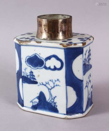 A CHINESE BLUE & WHITE PORCELAIN CADDY WITH A WHITE METAL MO...