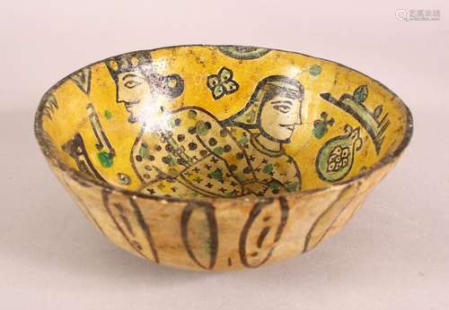 AN IRANIAN BUFF WARE GLAZED POTTERY BOWL, the inner painted ...