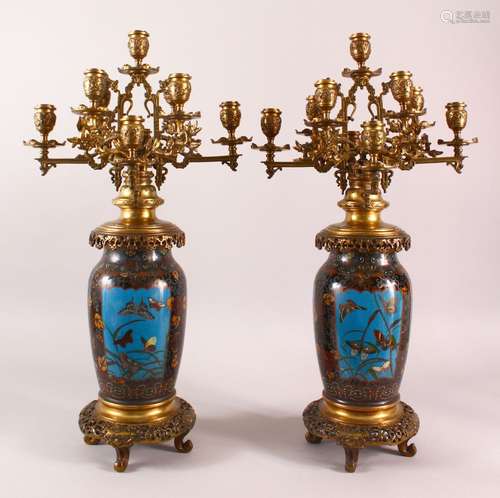 A VERY GOOD PAIR OF JAPANESE CLOISONNE AND ORMOLU NINE LIGHT...