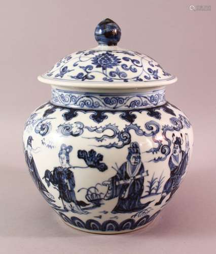 A LARGER CHINESE BLUE & WHITE PORCELAIN IMMORTAL JAR & COVER...