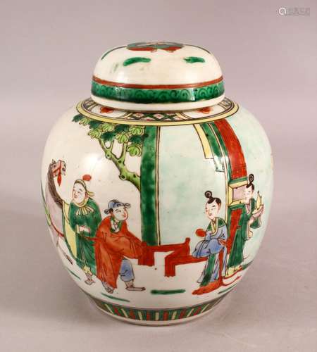 A 19TH CENTURY FAMILLE VERTE PORCELAIN JAR & COVER - Decorat...