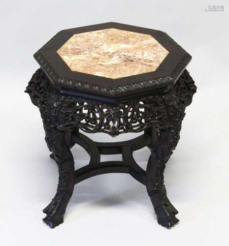 A CHINESE CARVED HARDWOOD AND MARBLE INSET OCTAGONAL SHAPED ...