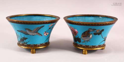 A PAIR JAPANESE CIRCULAR CLOISONNE JARDINIERES, the body dec...