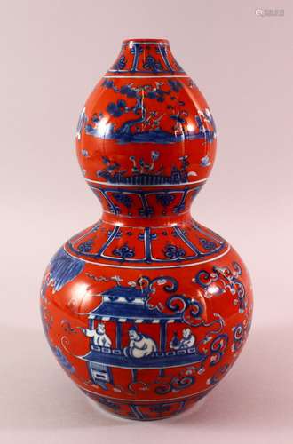 A MING STYLE CORAL RED DOUBLE GOUD PORCELAIN VASE - with blu...