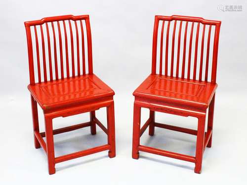 A PAIR OF CHINESE RED LACQUER STICK BACK SIDE CHAIRS, with p...