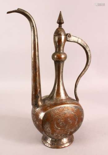AN ISLAMIC TINNED COPPER EWER, the body with engraved decora...