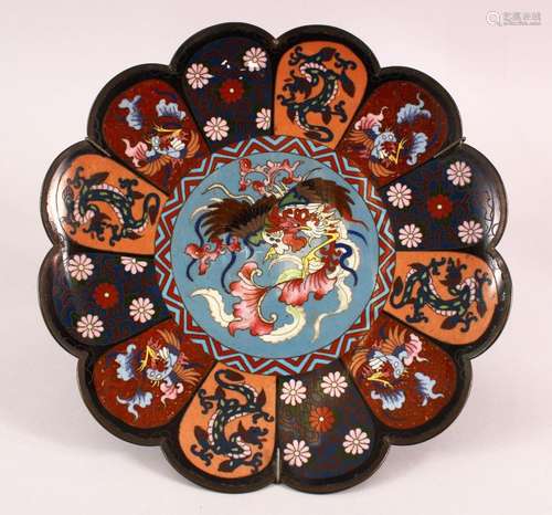 A CLOISONNE DISH OF LOBED FORM, the centre with phoenix on g...