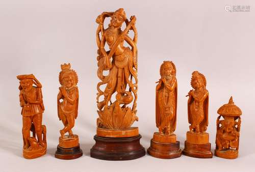 A MIXED LOT OF CARVED WOODEN INDIAN GOD / GODDESS FIGURES - ...