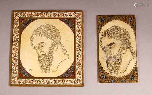 TWO ISLAMIC ANIMORPHIC PENWORK DECORATED IVORY MINIATURE POR...