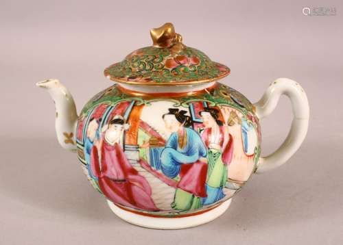 A 19TH CENTURY CHINESE CANTON FAMILLE ROSE PORCELAIN TEA POT...