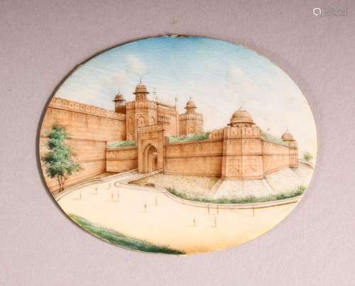 AN INDIAN MINIATURE PAINTED OVAL depicting a fort, unframed,...