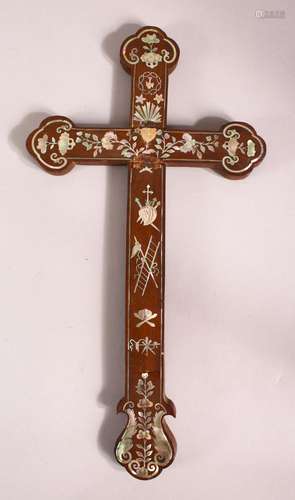 A MOTHER OF PEARL INLAID CRUCIFIX, 37cm x 20cm.